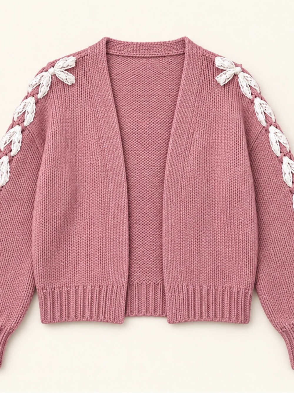 Hollister Rose Pink Open-Front Cardigan with White Lace Leaf Accents